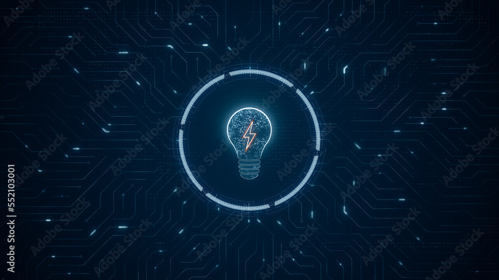 Blue digital lamp logo and futuristic technology circle HUD with ...