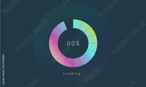 90 percent loading user interface, A Futuristic loading icon, colorful loading tap menu UI, use for Download progress, web design template, interface uploading design.