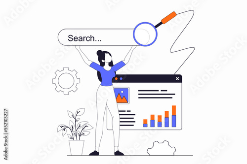 Seo optimization concept with people scene in flat outline design. Woman adjusts site metrics, analyzes keywords and optimizes data settings. Illustration with line character situation for web photo