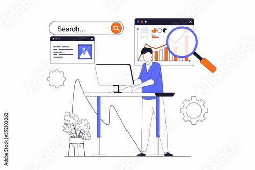Seo optimization concept with people scene in flat outline design. Man settings site metrics, analyzes webpage data and optimizes settings. Illustration with line character situation for web
