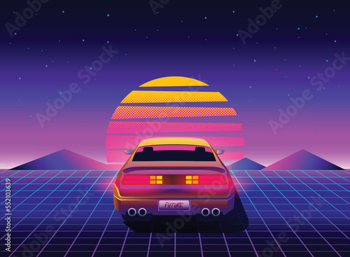 Retro 80s sci-fi futuristic style background with supercar. Vector retro futuristic synth wave illustration in 1980s posters style. Retro Nostalgic vaporwave cyberpunk artwork with vibrant neon colors