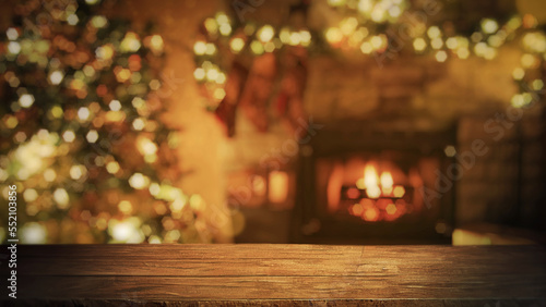 Empty wood table top with blur Christmas tree with bokeh light background free space for product  © Kepler