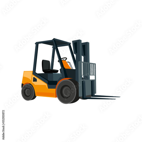 Modern counterbalance forklift cartoon illustration. Industrial vehicle for work in warehouse isolated on white background. Logistic, distribution, shipment, storage, transportation concept