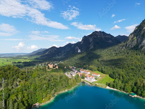 Alpsee Lake in Germany near Fussen drone aerial view . © steve