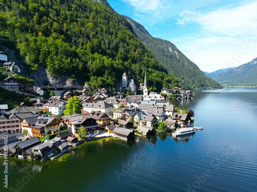  Hallstatt Austria beautiful lakeside village drone aerial view .