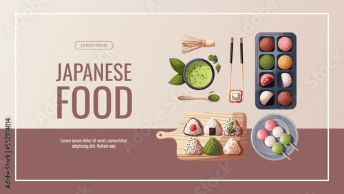 Banner design with colorful Sweet Mochi, dango, matcha tea, onigiri. Japanese food, healthy eating, cooking, menu, sweet food, dessert concept. Vector illustration. Banner, flyer, promo, advertising. 