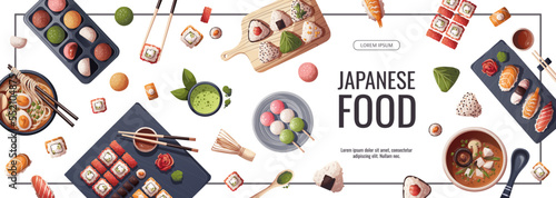 Banner design with Sushi, Miso soup, ramen, onigiri, dango, mochi, matcha tea. Japanese food, healthy eating, cooking, menu concept. Vector illustration. Banner, promo, flyer, advertising.