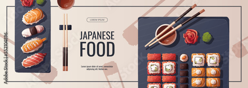 Banner design with sushi and Sushi rolls on the black stones. Japanese food, healthy eating, cooking, menu, nutrition concept. Vector illustration. Banner, promo, flyer, advertising. 