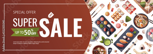 Banner design with Sushi, Miso soup, ramen, onigiri, dango, mochi, matcha tea. Japanese food, healthy eating, cooking, menu concept. Vector illustration. Banner, promo, flyer, advertising.