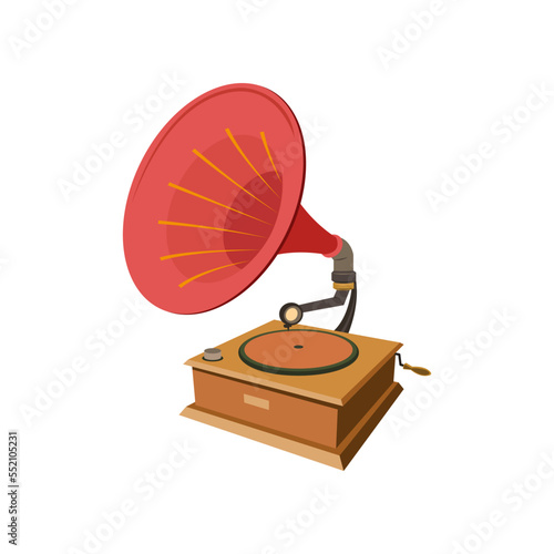 Old-fashioned gramophone cartoon illustration. Vintage music player, old device for listening to jazz or classic music and vinyl records isolated on white background. Entertainment, media concept