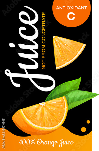 Orange juice package design with two orange slices. Vector Illustration.