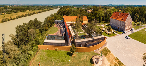 High resolution stitched panorama of a beautiful aerial summer view at Obernberg am Inn, Upper Austria, Austria photo