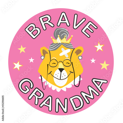 Brave Grandma Lion, featuring an old lion character. Cheerful concept for rewarding bravery after illness or accident.