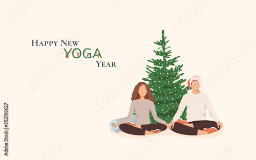 Happy New yoga Year banner with men and women meditating in lotus 
 poses isolated on the white background. Flat vector illustration 