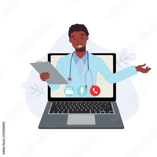 Online doctor consultant concept. male african therapist on chat in laptop. Ask doctor. Online medical advise or consultation service, tele medicine, Vector flat illustration.