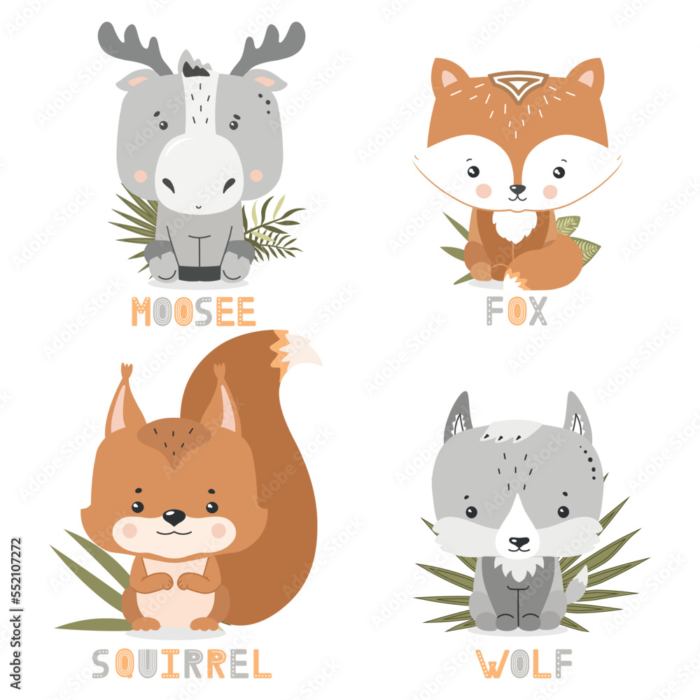 Cards with cute animals and their names for children. Vector illustration. Cards with cute animals and their names for children. Vector illustration.