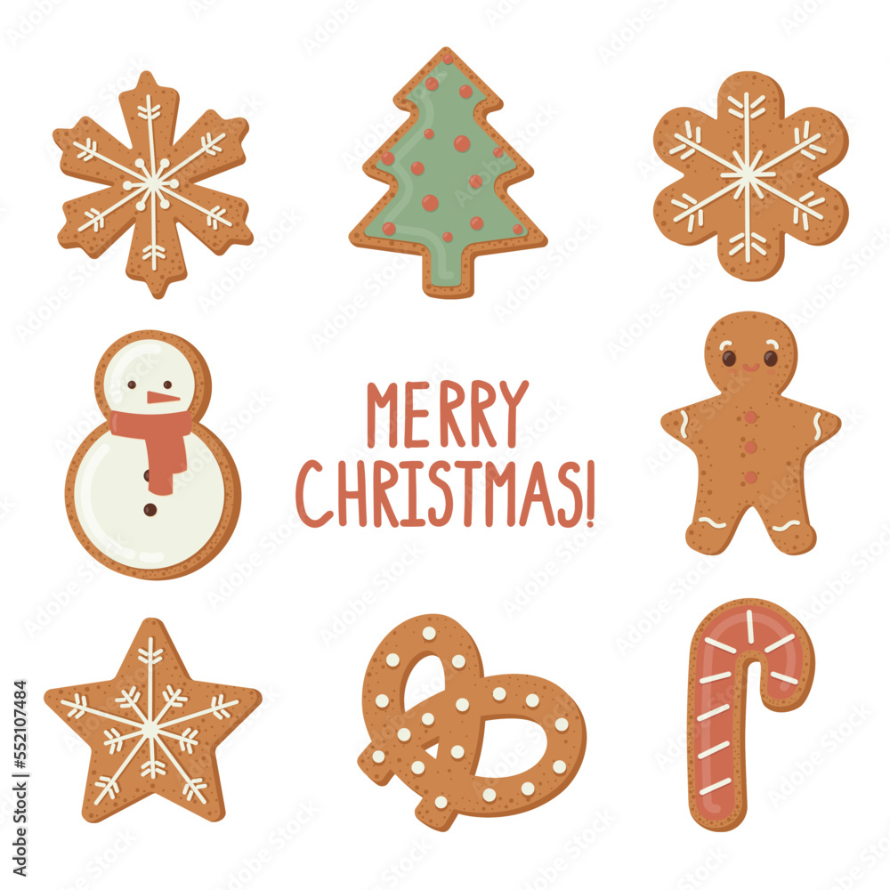 Fototapeta premium Christmas homemade cookies with frosting in different shapes. Vector illustration.