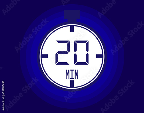 20 minutes stopwatch vector icon. Stopwatch icon in clock style. Timer for schedules and appointments on blue background