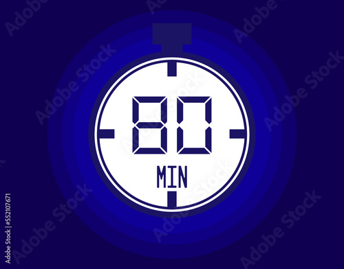 80 minutes stopwatch vector icon. Stopwatch icon in clock style. Timer for schedules and appointments on blue background