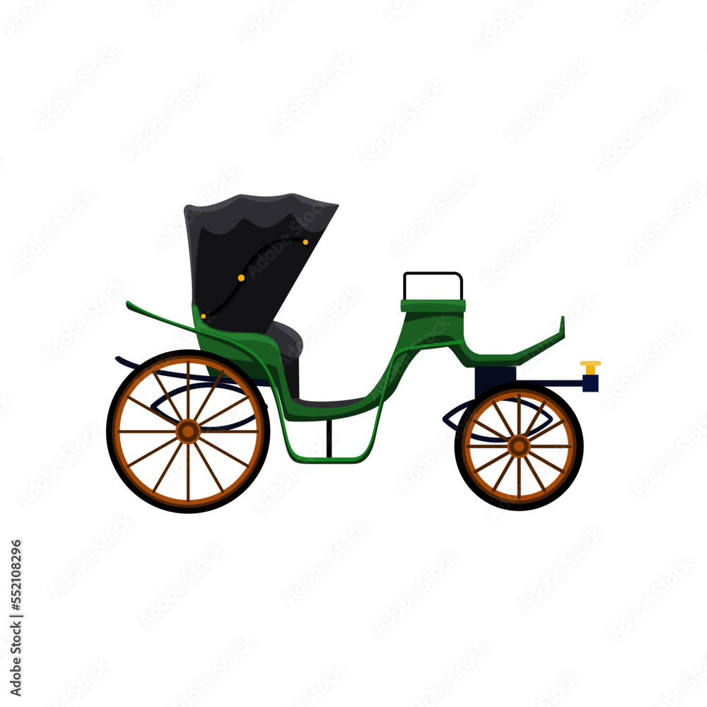 Green retro carriage for queen or king vector illustration. Drawing of vintage cart for princess or royals without horses on white background. Antique, transportation, history concept