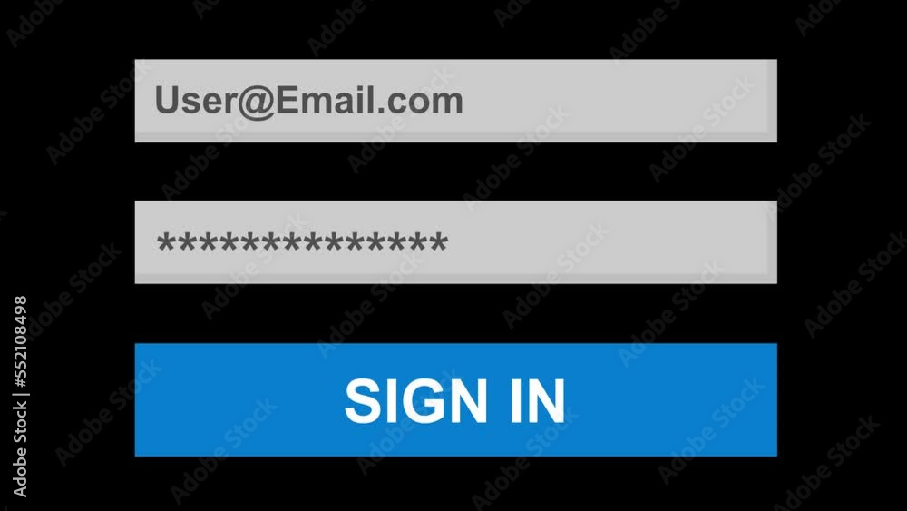 Animation of classic user, password and submit form to enter an email or private website. On a transparent background with alpha channel at zero Animation of classic user, password and submit form to enter an email or private website. On a transparent background with alpha channel at zero