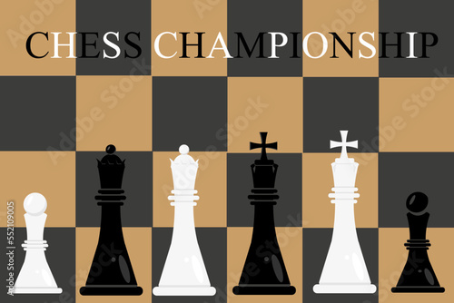 Banner with chessboard, pieces and inscription chess championship. Checkered background with a chess queen, king and pawn.