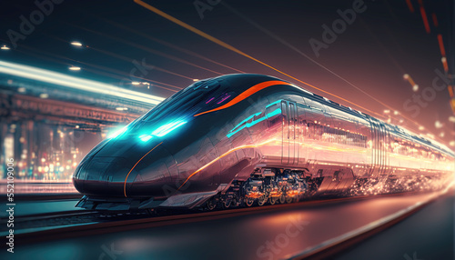 High speed train at station and blurred cityscape at night on background. Postproducted generative AI digital illustration of non existing train model.
