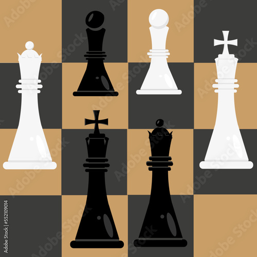 Pattern with chessboard and pieces. Checkered background with a chess queen, king and pawn.