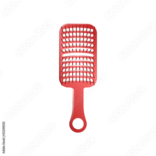 Red vented hair brush. Vector illustration of hairbrush for hair care. Cartoon grooming equipment of hairdresser isolated on white background. Barbershop, beauty concept