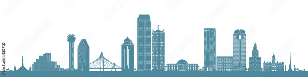Dallas city modern towers and historical buildings unicolor vector illustration on white background. 