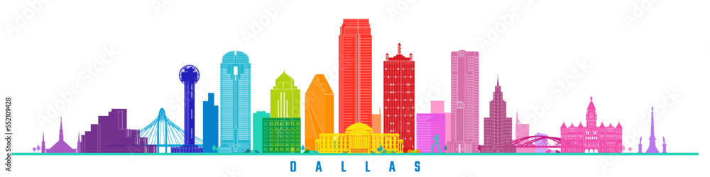 Texas, Dallas city modern towers and historical buildings colorful vector design.