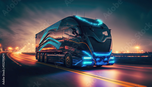 Futuristic transportation truck at delivery ride on highway. Postproducted generative AI digital illustration of non existing car model.