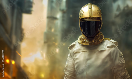  Elite rescuer dressed in white suit and golden helmet. Postproducted generative AI digital illustration. © LeArchitecto