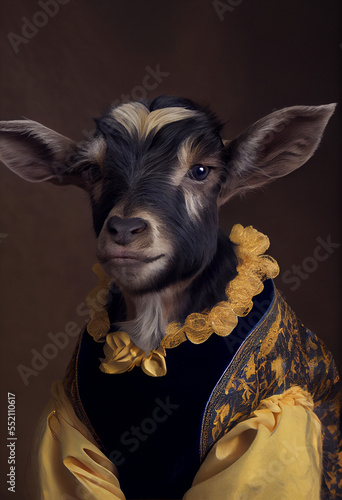Black Goat Dressed in Fancy Yellow Clothes. Generative ai 