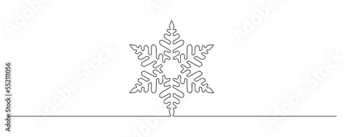 One continuous line drawing of christmas snowflake. Winter and cold flake symbol in simple linear style. Holiday icon with empty space in editable stroke. Outline vector illustration