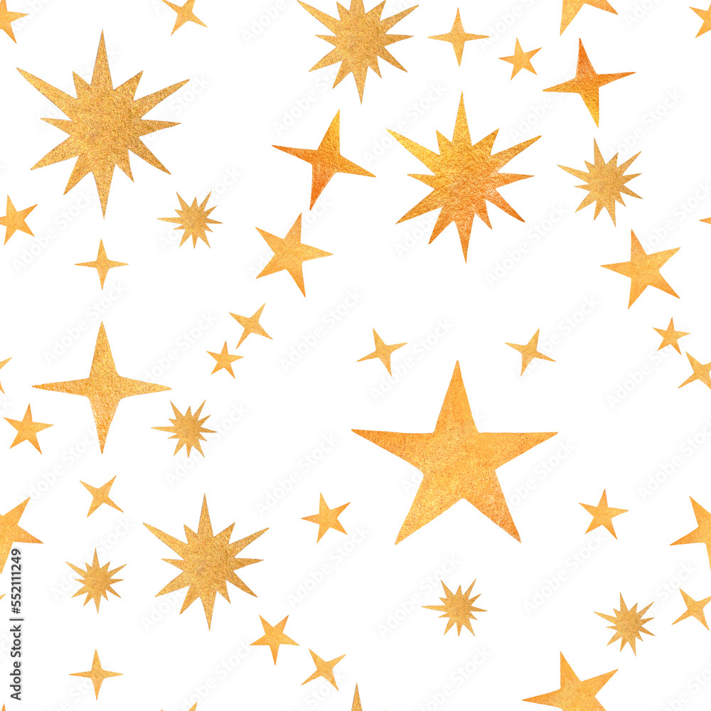 Obraz premium Watercolor hand-painted Christmas seamless pattern. New Years`pattern with gold stars on a transparent background.