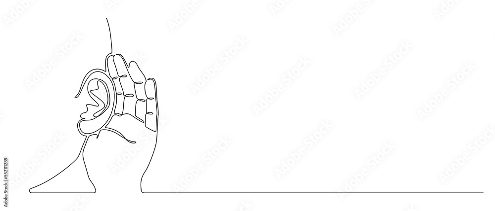 One continuous line drawing of human ear. Icon Symbol of care hear health and sensory aid in simple linear style. Mascot concept for world deaf day editable stroke. Doodle vector illustration