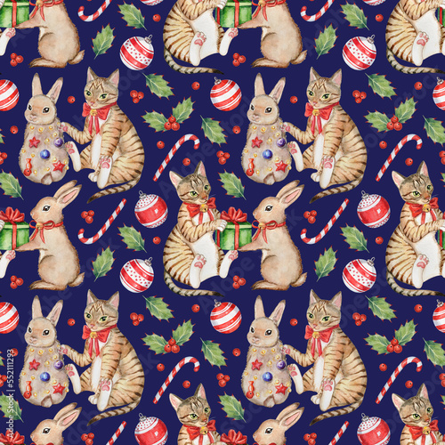 Watercolor hand-painted Christmas seamless pattern. New Years`pattern with holidays rabbit and cat, present, Christmas tree decorations, candy cane, and berries on a dark-blue background.