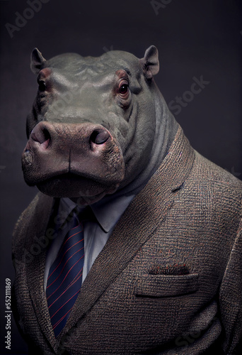 Hippopotamus Wearing Tweed Jacket and Tie. generative ai © Anna Hoychuk
