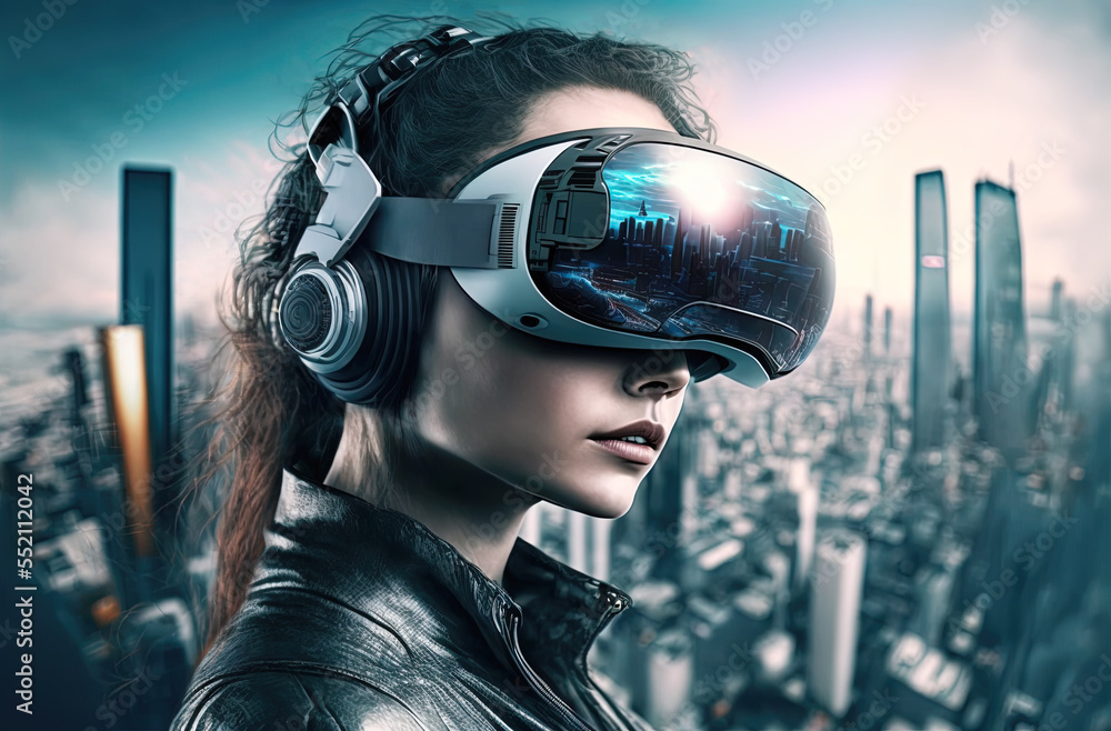 Woman equiped with VR headset exploring modern city from upper view. Postproducted generative AI digital illustration with non existing person. - obrazy, fototapety, plakaty 