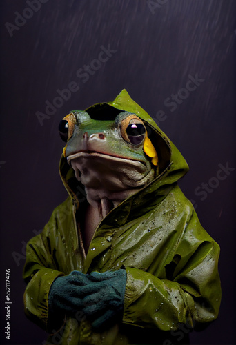 Tropical Frog wearing Rain Jacket with Hood. Generative AI