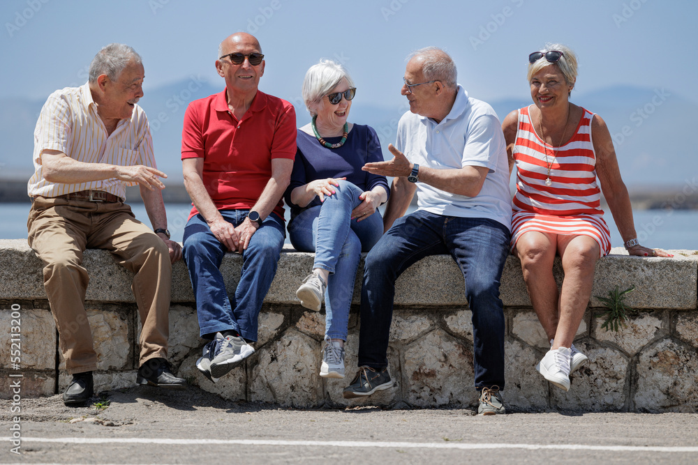 gruppo di anziani amici seduti nel muretto di un porto di mare, si rilassano chiacchierando felici. - obrazy, fototapety, plakaty 