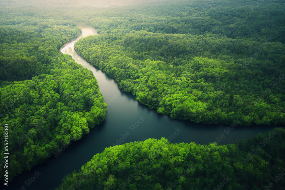 Lush rainforest and rivers in summer, rainforest covered by green trees, beautiful tropical vista landscape, similar to Amazon rainforest, Congo, Southeast Asia, and other regions, generate ai.