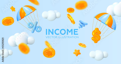 income or profit. The percentage and the dollar sign are flying on a parachute in the clouds. Money rain. Vector illustration