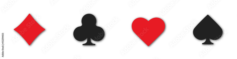 Set collection gambling sign symbol of playing card suits and chips for poker and casino. Hearts, clubs, diamonds and spades on an isolated white background. Set collection gambling sign symbol of playing card suits and chips for poker and casino. Hearts, clubs, diamonds and spades on an isolated white background.