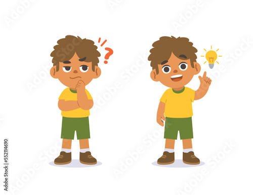 The black boy was confused, wondered, had a problem, and tried to answer and The girl figured out the answer to the problem. illustration cartoon character vector design on white background.