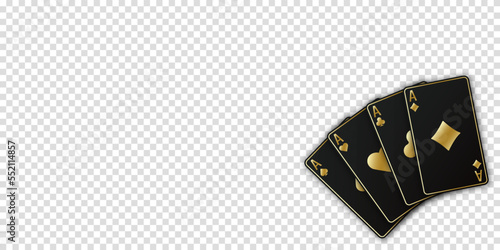 A fan of playing cards consisting of four black and golden Ace of Spades, Diamonds, Clubs, Hearts. Vector illustration poker and casino of all the aces on a transparent background.