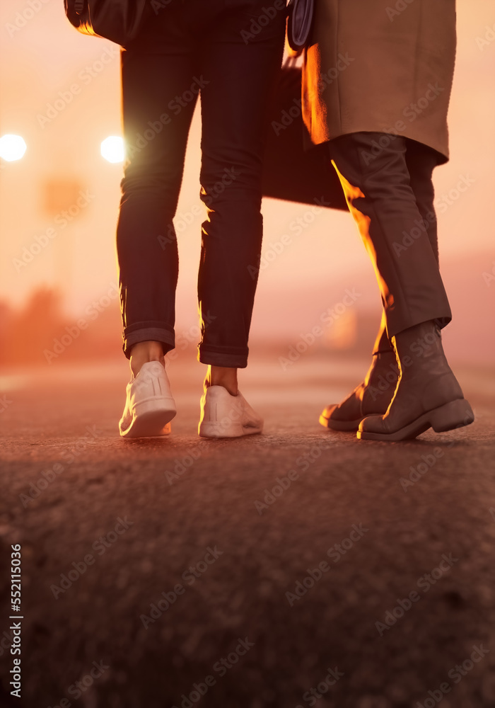 Man and woman with bags walk embraced on a road with a street lamp at sunset. Rear view. 3D render.