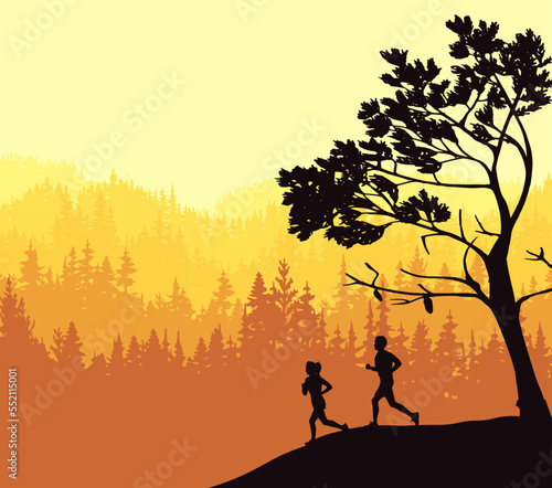 Silhouette of boy and girl jogging. Tree in front, forest background. Magical misty landscape. Illustration, badge, sticker.