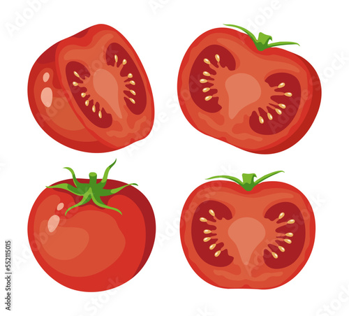 Halves of ripe tomato vector illustrations set. Collection of cartoon drawings of red round vegetable isolated on white background. Organic food, diet, healthy eating concept